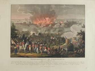 Bombardierung von Kopenhagen, 2.-5. September 1807, farbige Aquatinta von und nach J. Laurent Rugendas, veröffentlicht von J. Laurent Rugendas, Augsburg, 1807