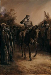 General Lord Kitchener salutiert, während er an Burenführern vorbeireitet, die dastehen und ihre Hüte ziehen, 1902