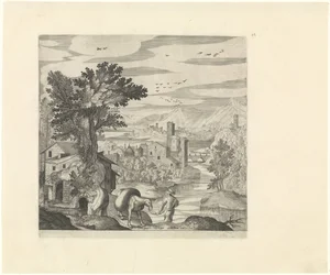 Landschaft mit einem Bauern und seinem Esel
