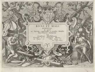 Ornamentaler Rahmen mit Adam und Eva (Geschichte der Familie Kains / Über gute und schlechte Werke) (Boni et mali scientia)