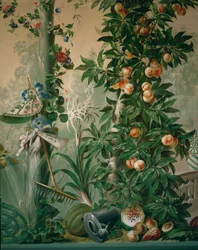 Gartenszene, Obstbaum und ein Damenhut, Handschuhe und Rechen im Gartenraum