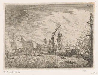 Hafenansicht mit Segelschiffen und Galeeren vor einer Stadtmauer