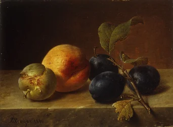Ein Pfirsich und Pflaumen auf einem Marmorsims, 1860