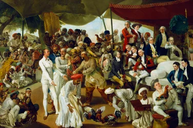 Colonel Mordaunt beobachtet einen Hahnenkampf in Lucknow, Indien, 1790