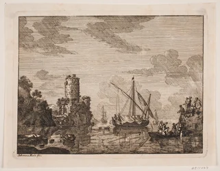 Schiffe auf einem Fluss. Links ein Turm
