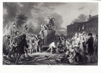 Sturz der Statue von George III durch die Sons of Freedom am Bowling Green, New York City, Juli 1776, veröffentlicht 1875