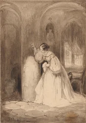 Interieur mit stehender Frau bei einer Säule