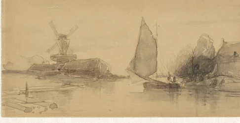Flussansicht mit Segelschiff
