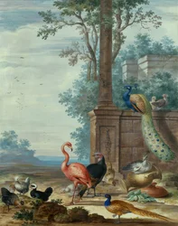 Eine italienische Landschaft mit einem Pfau, Fasan, Flamingo und anderen Vögeln