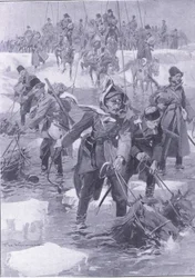 Eine Reitkunstleistung. Russische Kavallerie überquert einen Fluss, Illustration aus Cassells Geschichte des Russisch-Japanischen Krieges Band 1, ca. 1900