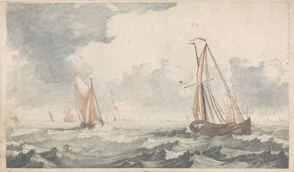 Zwei aufeinander zu segelnde Plattbodenschiffe