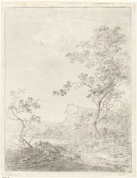 Berglandschaft mit Hirte und Vieh auf dem Weg