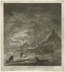 Nachtlandschaft mit Bauernhof und Schlittschuhläufern