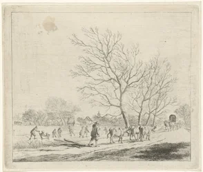 Winterlandschaft mit Kühen und Schlittschuhläufern