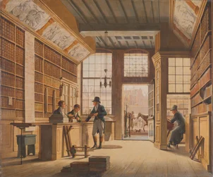 Der Laden des Buchhändlers Pieter Meijer Warnars an der Vijgendam in Amsterdam