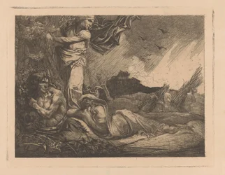 Landschaft mit Kornfeld, Mäher, Satyr und Frauenfiguren