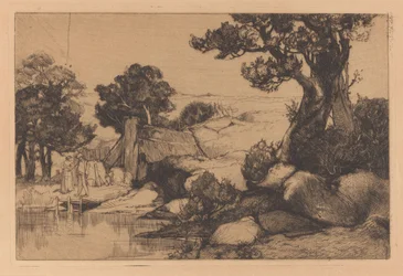 Landschaft mit Mann und Frau am Ufer