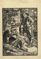 Zwei Deicharbeiter, einer sitzend, der andere an einen Baum gelehnt