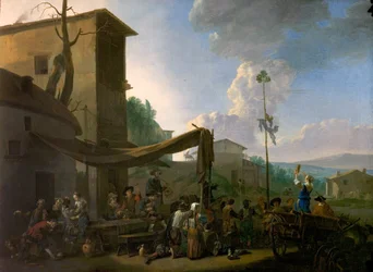 Dorfszene mit feiernden Bauern