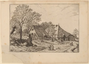 Bauernhof mit Schuppen und Ziehbrunnen