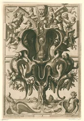 Muschelartiges Ornament, in dem Figuren gefangen sind