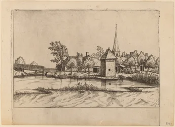 Dorf mit Kirche und Brücke