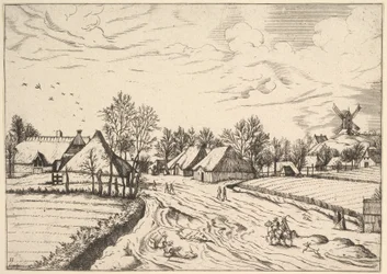 Dorf mit Postmühle aus Multifariarum casularum ruriumque lineamenta curios..., 1559-61