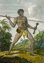 Darstellung eines Mannes aus Neukaledonien, der einen Speer wirft