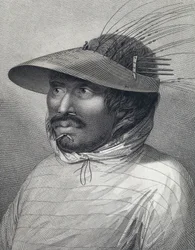 Porträt eines Mannes aus Oonalashka (oder Unalaska, Alaska, Vereinigte Staaten). Spät 18. Jahrhundert Gravur, von William Sharp (?), nach John Webber (1751-1793).