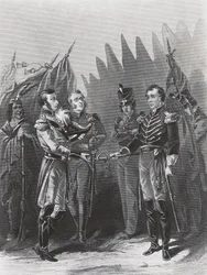 Die Kapitulation des amerikanischen Generals William Hull an britische Truppen und indianische Krieger in Detroit, 15. Juli