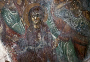 Fresko eines Heiligen in der byzantinischen Kirche Ayios Stephanos, Drakona, Kreta, Griechenland