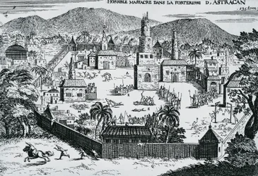 Die Kosaken unter der Führung von Stepan Razin greifen 1670 die Festung Astrachan an, Russland