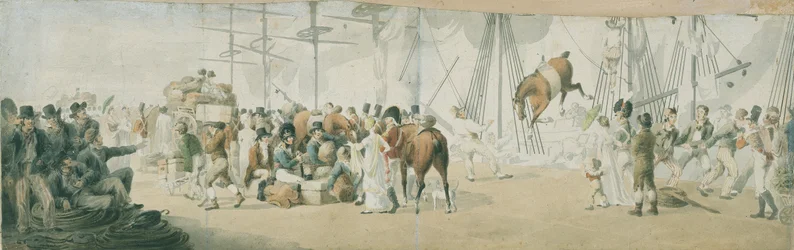 Das Einschiffen von Truppen und Pferden in Margate (England), um 1800. Aquarell (17,8x54 cm) von John Augustus Atkinson (1775-1833), frühes 19. Jahrhundert