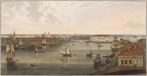 Blick auf die Admiralität, alte St. Isaacs-Kathedrale, englische Uferpromenade und Akademie der Wissenschaften von Vas
