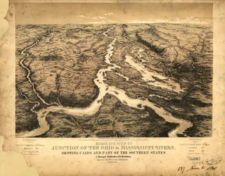 Vogelperspektive der Mündung der Ohio- und Mississippi-Flüsse, zeigt Kairo und Teile der Südstaaten