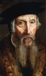 Porträt eines bärtigen Mannes, Brustbild, in einem pelzbesetzten Mantel und mit schwarzem Hut, um 1547