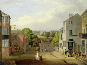 Straßenszene in Chorley, Lancashire, mit Blick auf Chorley Hall