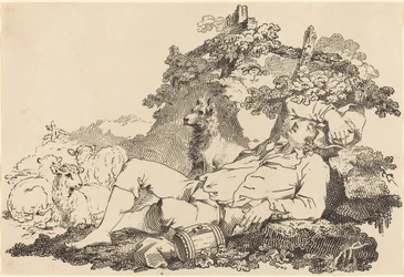 Hirte mit Hund und Schafen