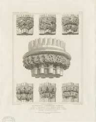 Innenansicht der Kathedrale von Lichfield - Cluster-Säule im Kapitelhaus und Konsolen in der Marienkapelle: Gravur, undatiert [ca. 1819]