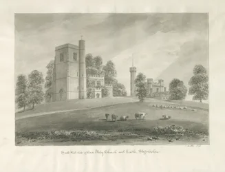 Arley Kirche und Schloss: Sepia-Zeichnung