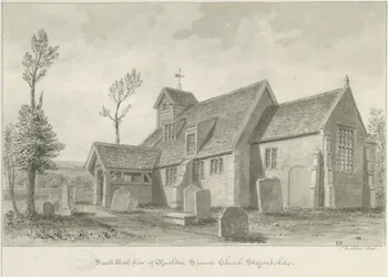 Rushton Spencer Kirche: Sepiawaschzeichnung, 1844