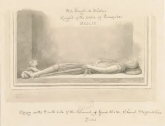Weston-under-Lizard Kirche - Abbild von Sir Hugh de Weston: Sepia-Zeichnung, 1842