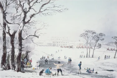 Ansicht von Buckingham House und St. James Park im Winter, veröffentlicht von R. Havell und Sons, 1810