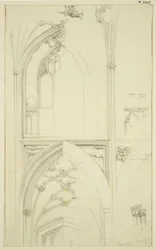 Details der Obergadenfenster-Tracery und des Gewölbes des darunterliegenden Seitenschiffs in St. Mary Redcliffe