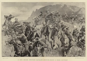 Eine heiße Verfolgung, britische Kavallerie treibt einen Buren-Außenposten zurück