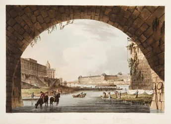 Der Louvre; die Münze; das Kolleg der 4 Nationen; die Brücke der Wiedervereinigung, Illustration aus Versailles, Paris und Saint-Denis, veröffentlicht 1805