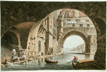 Der Waschplatz des Hotel-Dieu und die Pont de la Tournelle, graviert von I. Hill, 1810