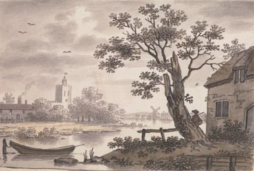 Flusslandschaft mit Kirche, Cottage und Windmühle