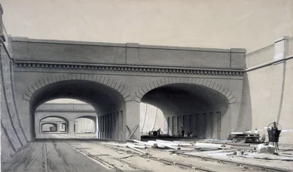 Ansicht nahe Euston Station mit drei Überführungen, September 1837