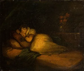 Innenraum mit Frau auf einem Bett, 1780